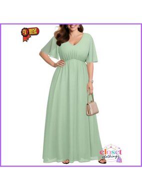 Plus Size Chiffon Formal Long Dress Ruffle Sleeve V-Neck Wedding Guest